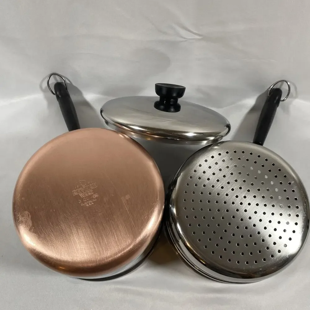 Revere Ware 3 Qt Saucepan W/ Lid & Steamer Copper Bottom Stainless Steel Clinton
